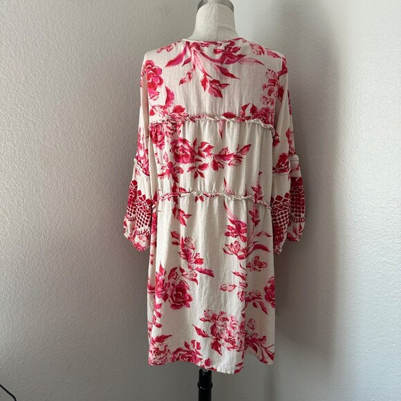 Anthropologie Red Cream Floral V-Neck Long Sleeve Tiered Dress Embroidered M - Picture 3 of 16